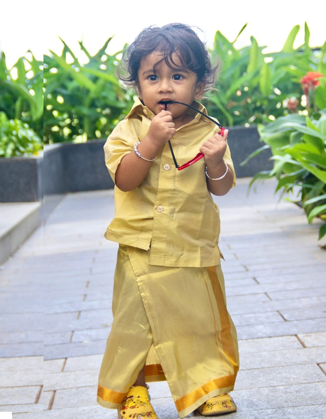 Semi Silk Shirt & Dhoti - Dark Gold