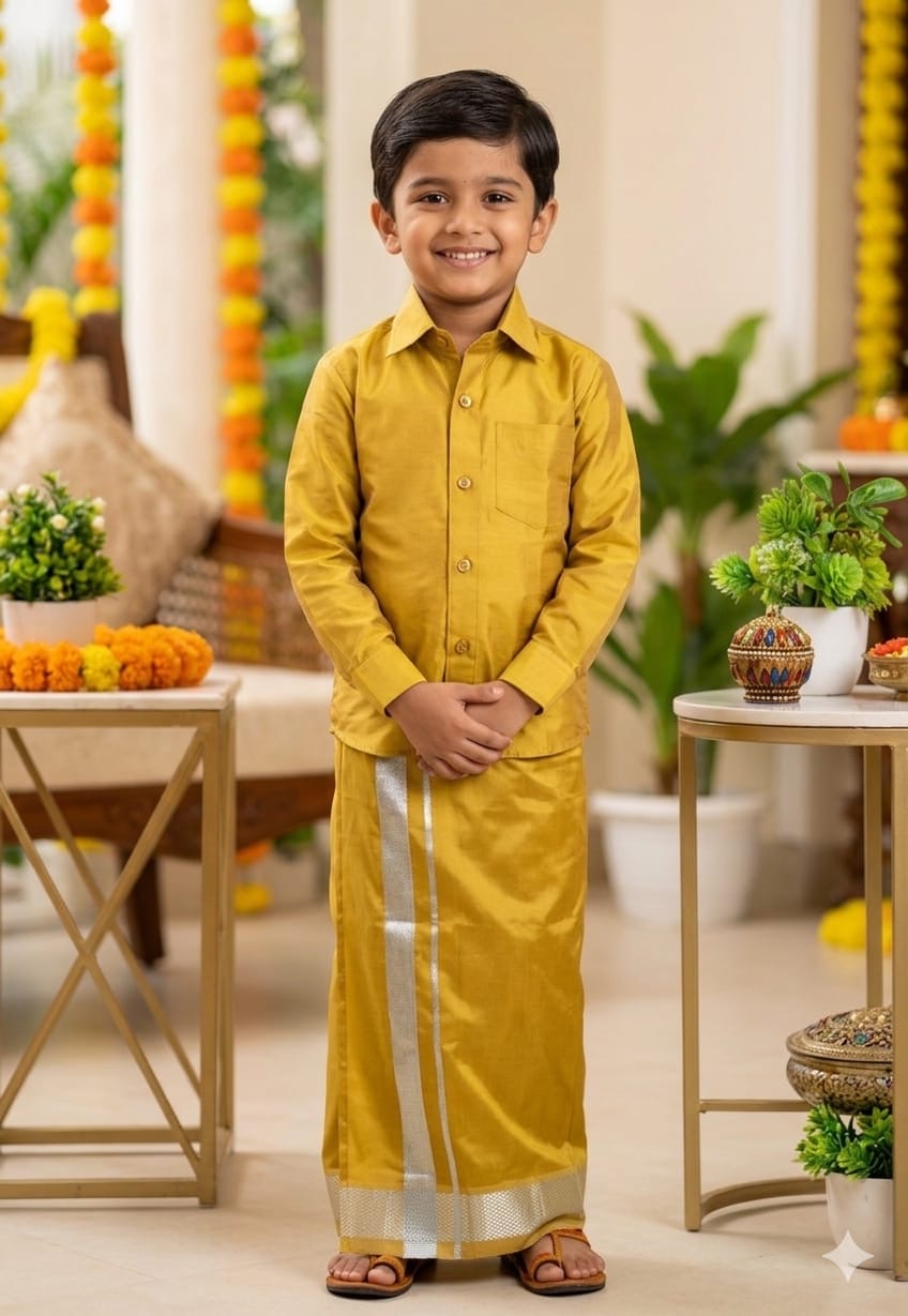 Semi Silk Shirt & Dhoti - Dark Gold Silver Border