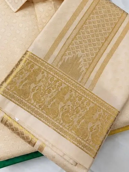 Kanchipuram Silk Veshti Shirt ( Ivory Cream ) D