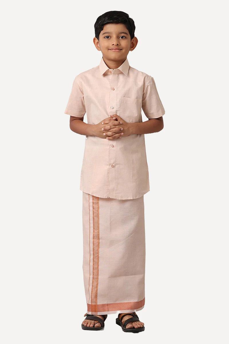 Copper tissue shirt and veshti - Kaarmugizh