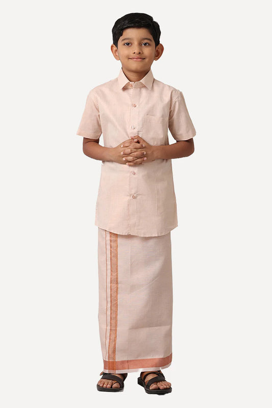 Copper tissue shirt and veshti - Kaarmugizh