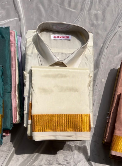 Semi Silk Shirt & Dhoti -
Snow White ( Golden border ) - Kaarmugizh