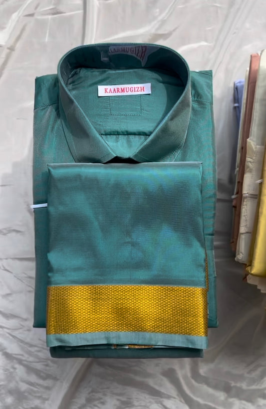 Semi Silk Shirt & Dhoti -
Peacock green