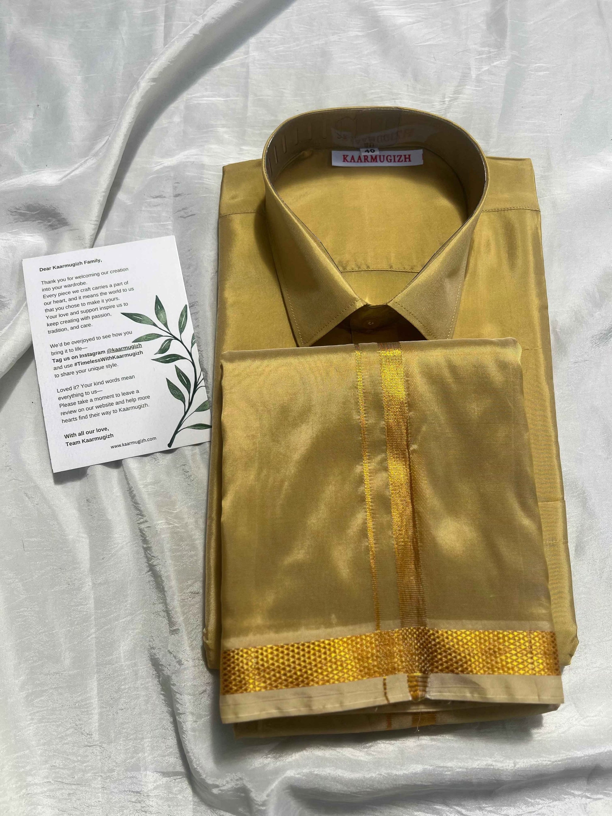 Semi Silk Shirt & Dhoti- Dark Gold - Kaarmugizh Semi Silk Shirt & Dhoti- Dark Gold - Kaarmugizh