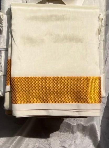 Semi-Silk Veshti only (Snow White) Golden zari border - Kaarmugizh