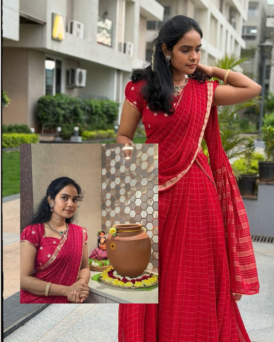 Vedika - Chinnon Halfsaree - Red - Kaarmugizh