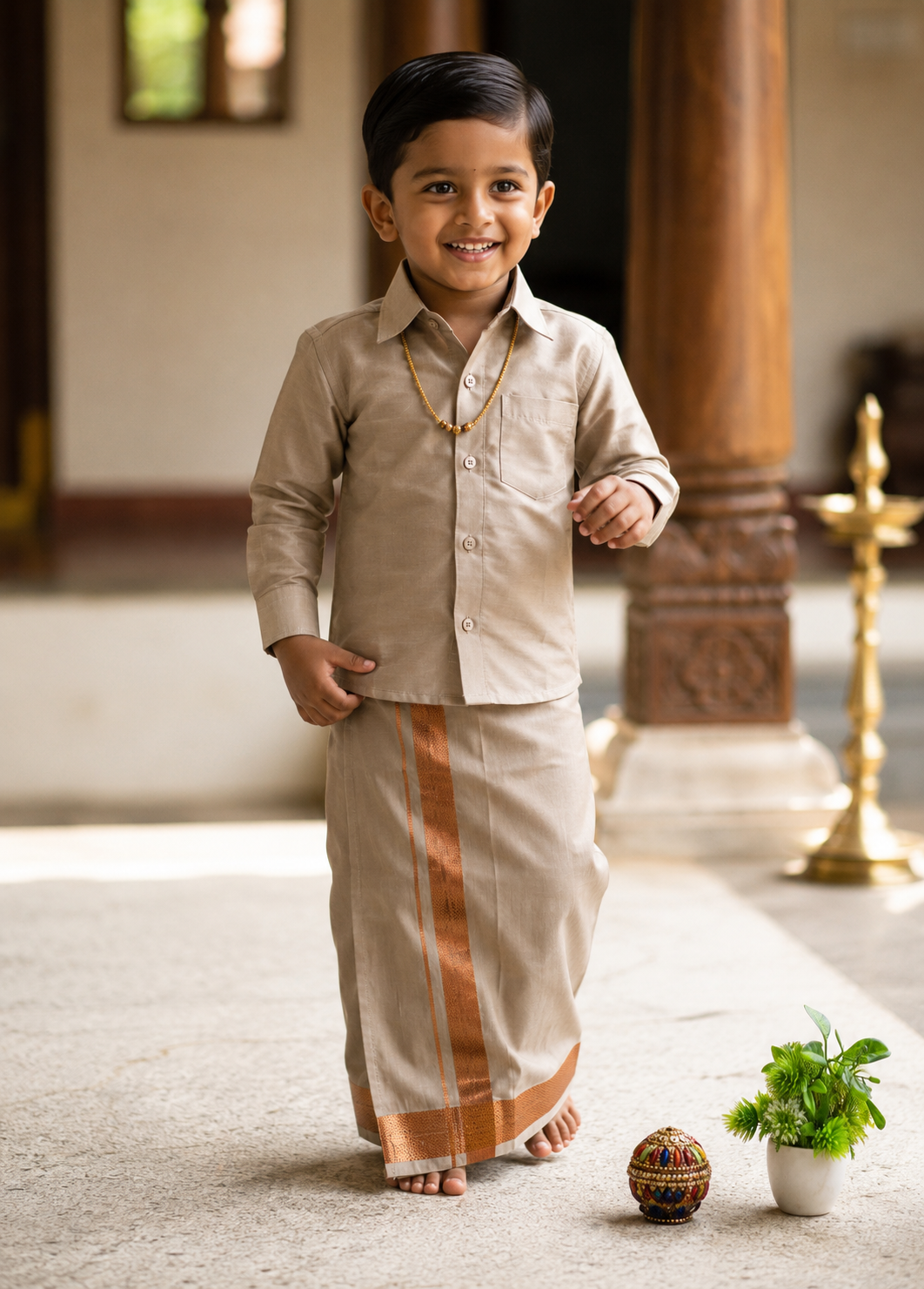 Semi Silk Shirt & Dhoti - Sandstone