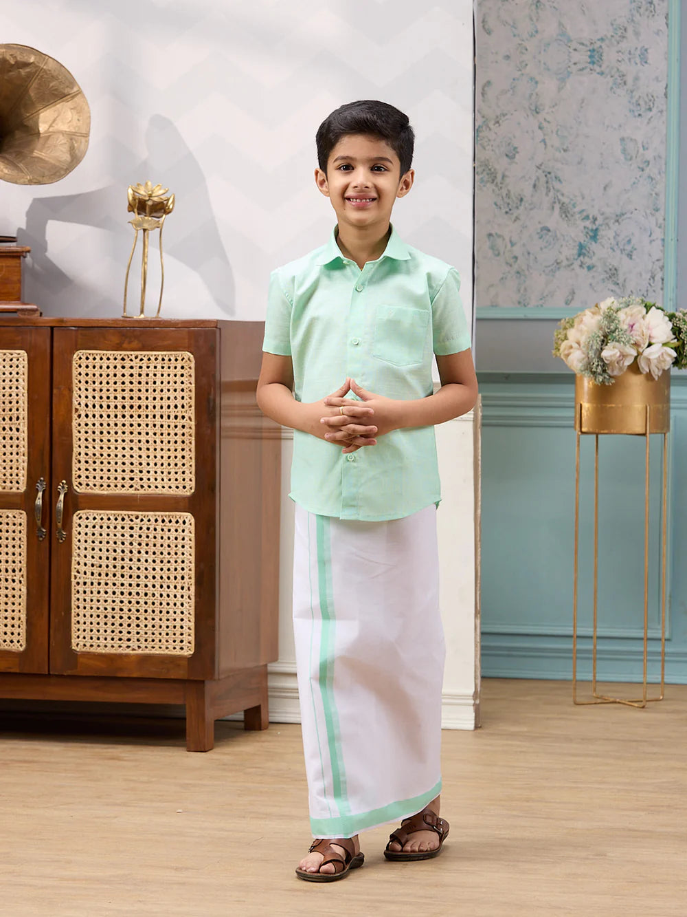 Cotton Shirt & Dhoti - Pista Green - Kaarmugizh