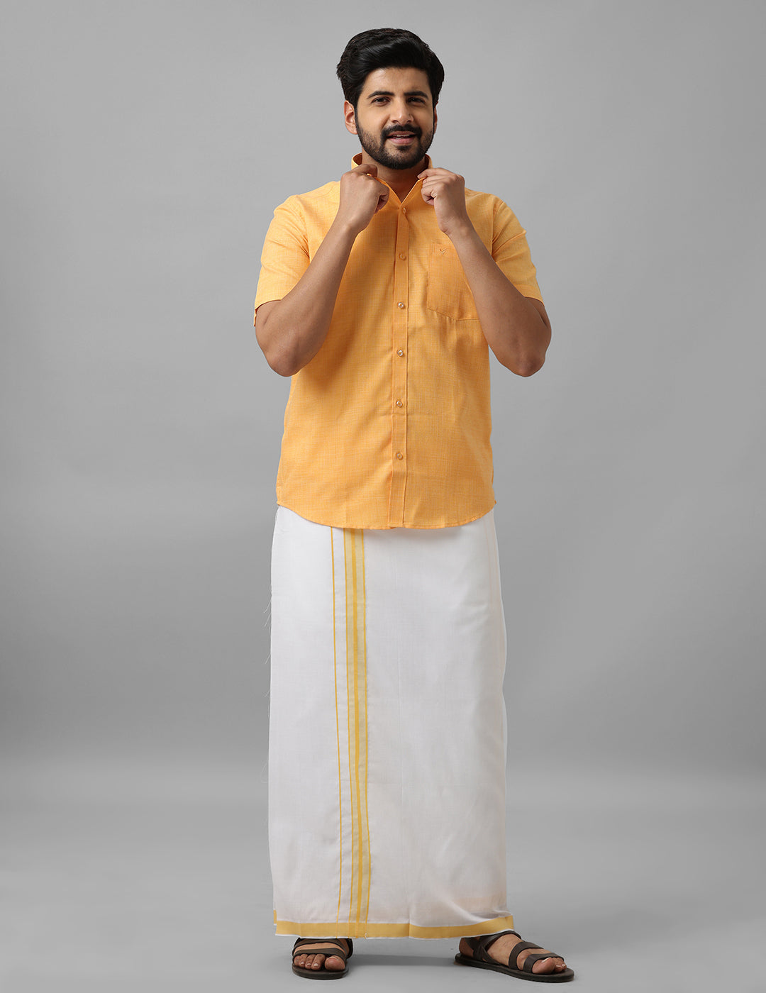 Cotton Shirt & Dhoti- Sandal - Kaarmugizh