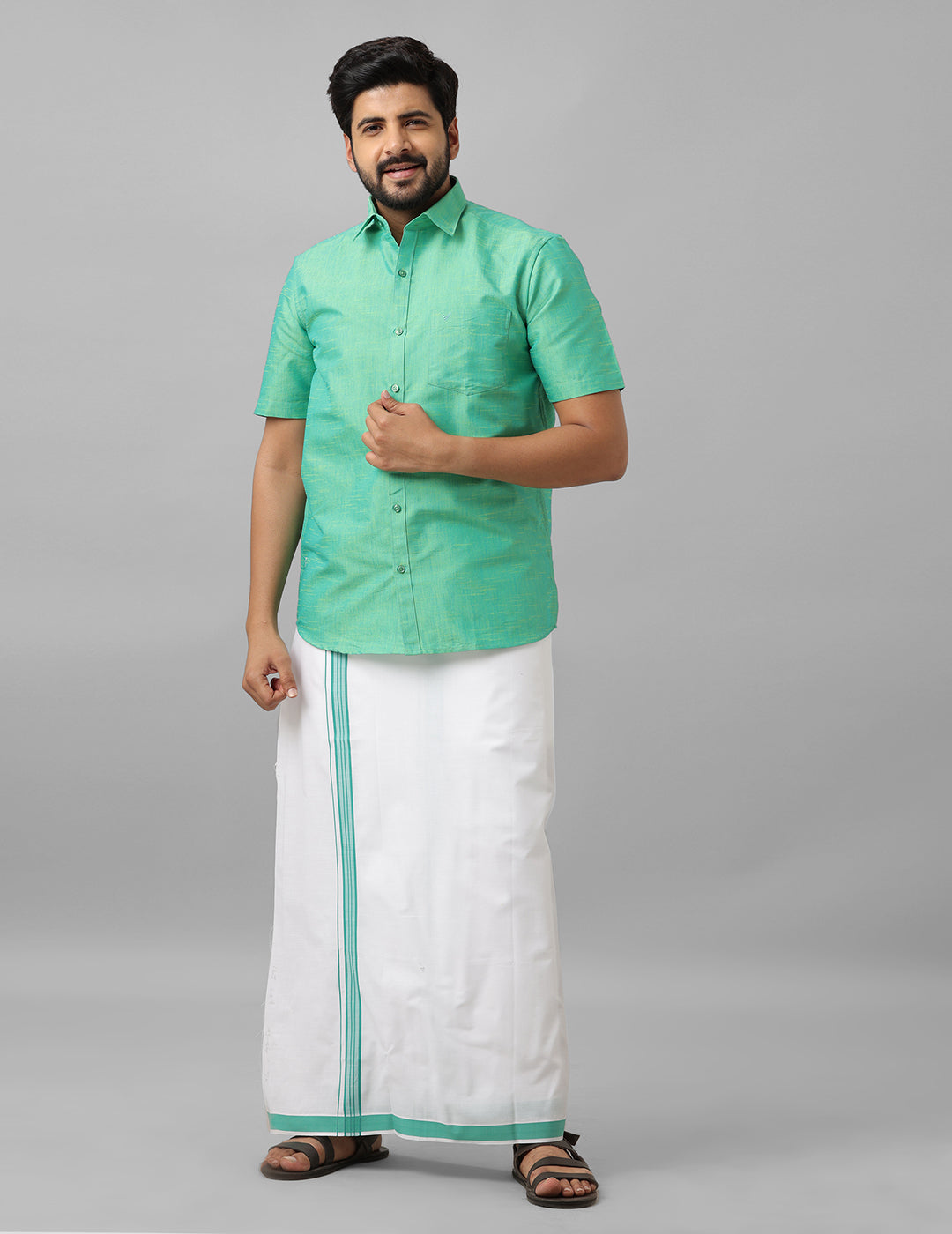 Cotton Shirt & Dhoti- Green - Kaarmugizh