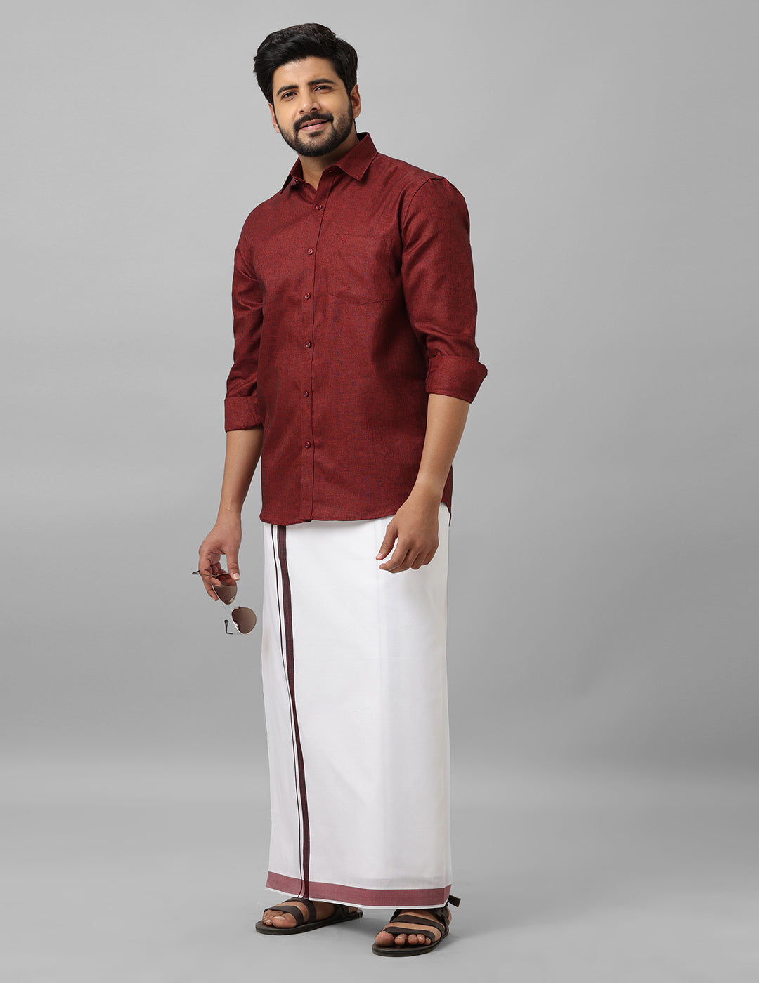Cotton Shirt & Dhoti- Maroon - Kaarmugizh