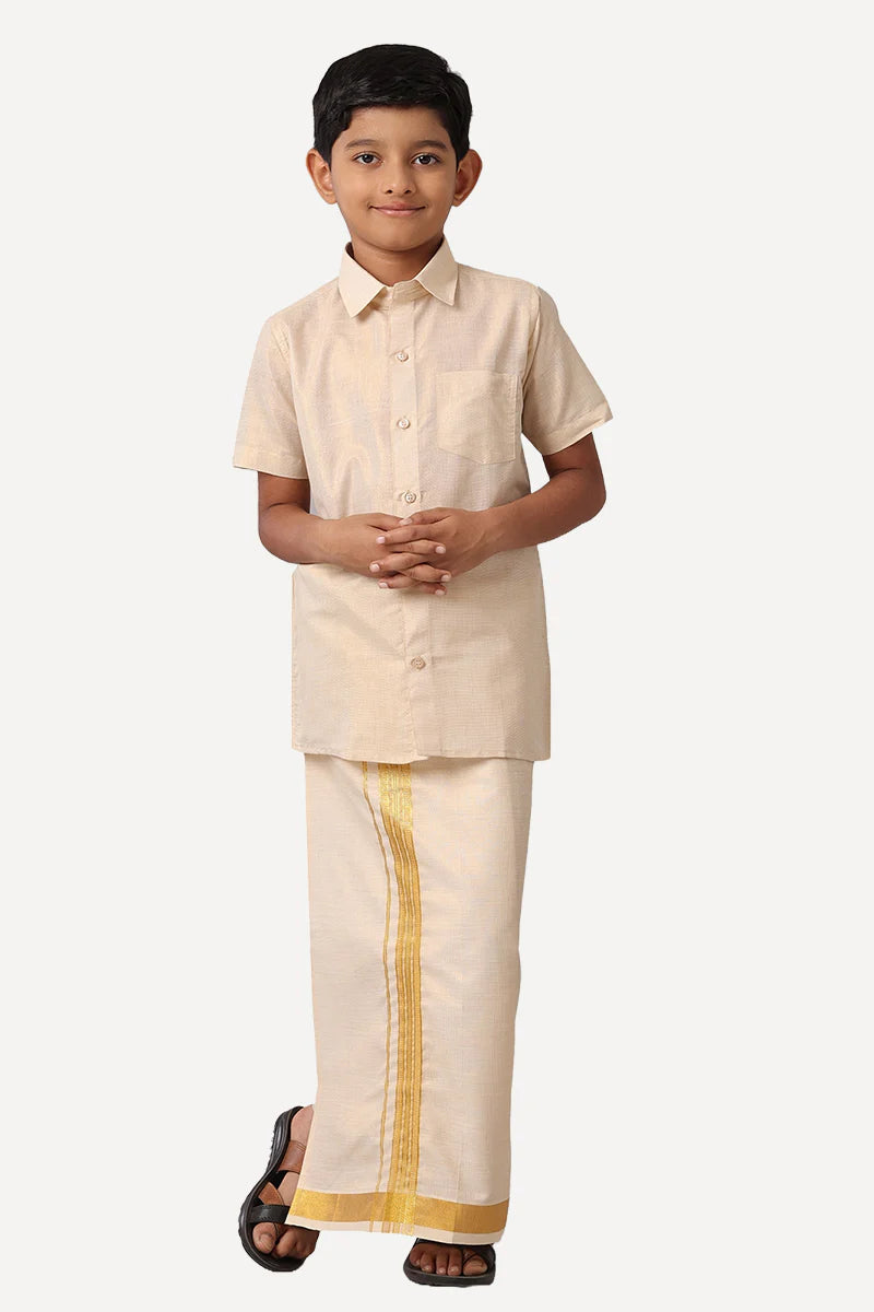 Gold tissue shirt and veshti - Kaarmugizh