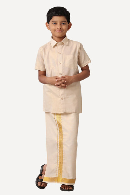 Gold tissue shirt and veshti - Kaarmugizh