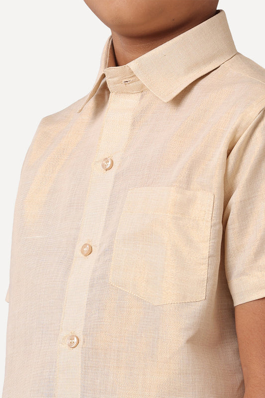 Gold tissue shirt and veshti - Kaarmugizh