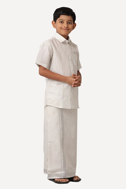 Silver tissue shirt and veshti - Kaarmugizh