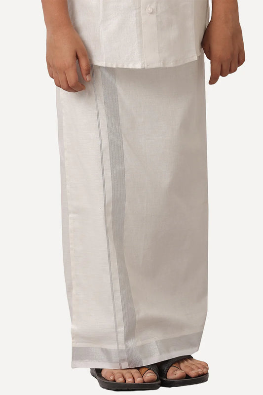 Silver tissue shirt and veshti - Kaarmugizh