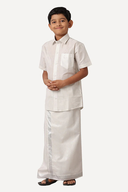 Silver tissue shirt and veshti - Kaarmugizh