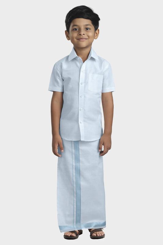 Blue tissue shirt and veshti - Kaarmugizh