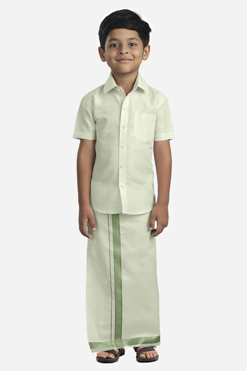 Green tissue shirt and veshti - Kaarmugizh