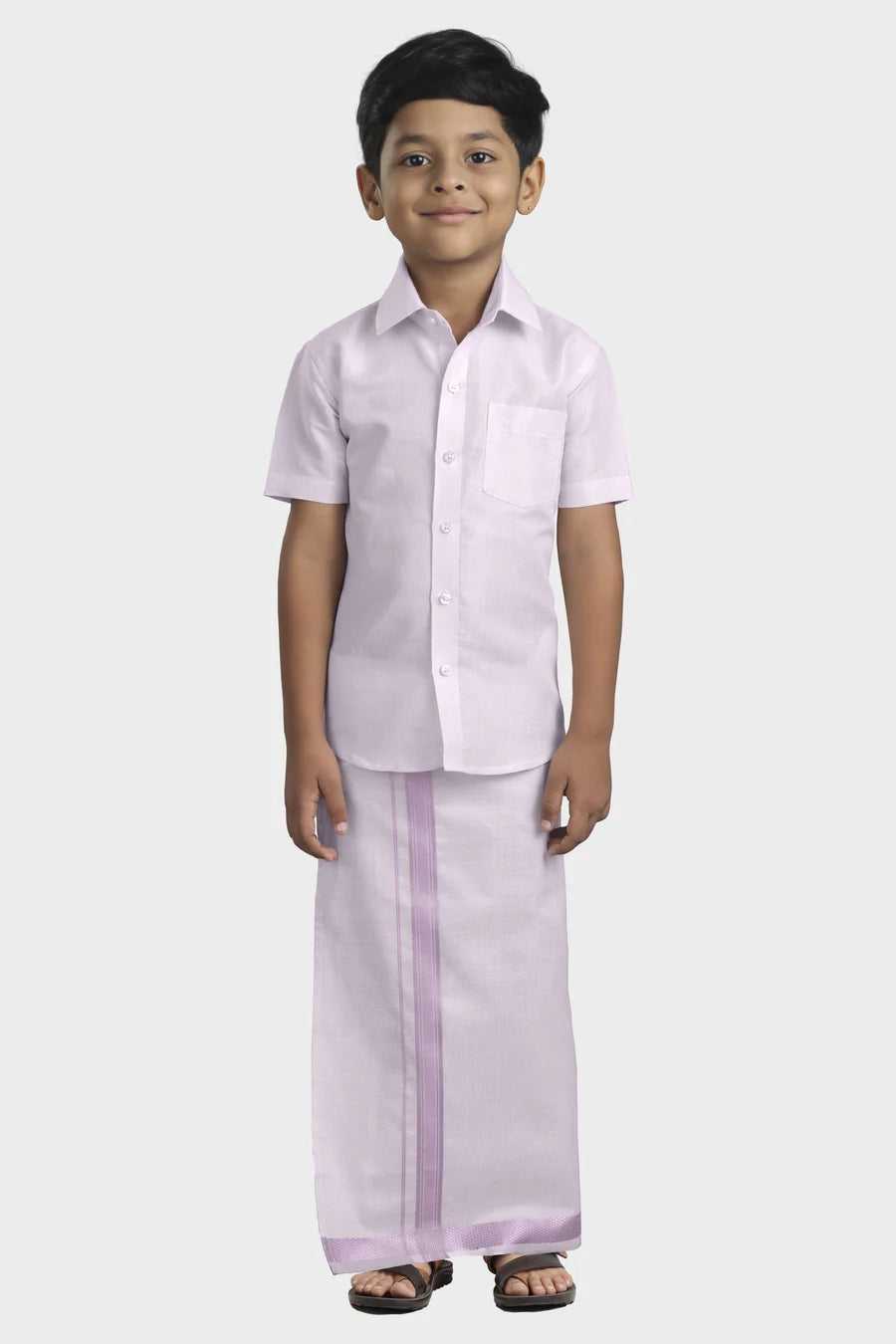Lilac tissue shirt and veshti - Kaarmugizh