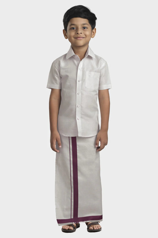 Wine tissue shirt and veshti - Kaarmugizh