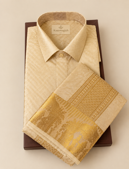 Kanchipuram Silk Veshti Shirt ( Champagne) D