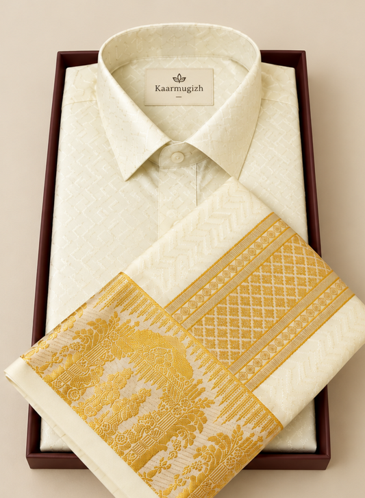 Kanchipuram Silk Veshti Shirt Groom Special - Kaarmugizh
