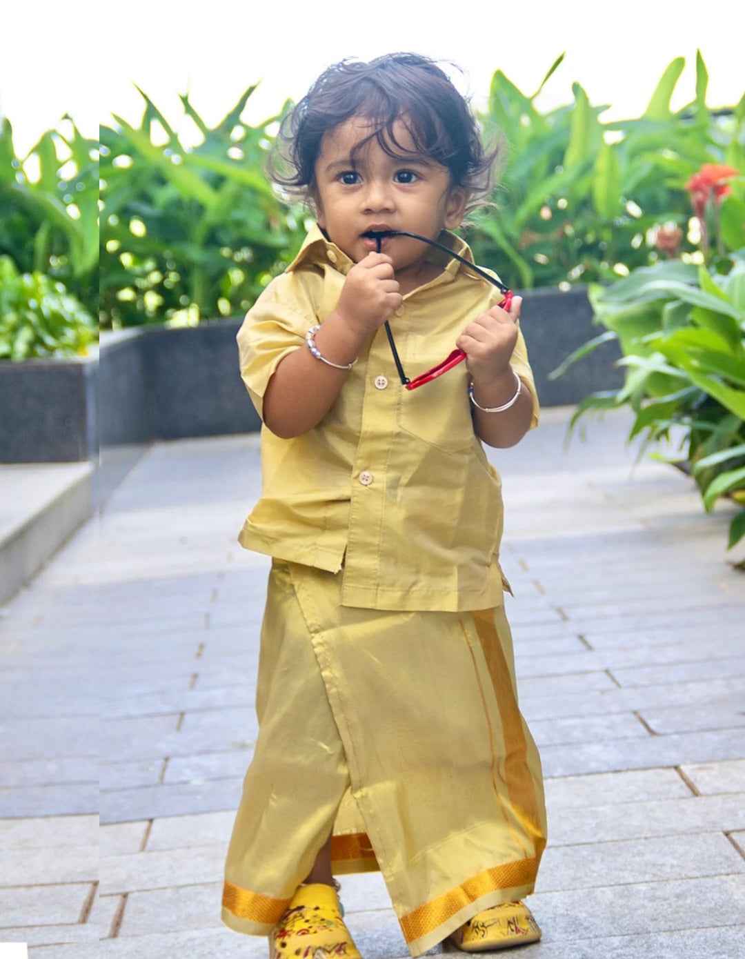 Semi Silk Shirt & Dhoti - Dark Gold